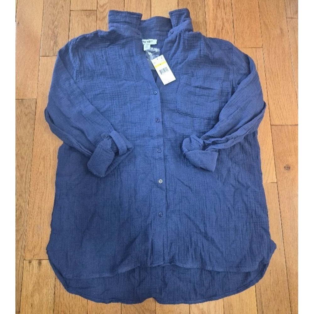 Nine West Women's Shirt Medium Skipper Blue Button Down New
